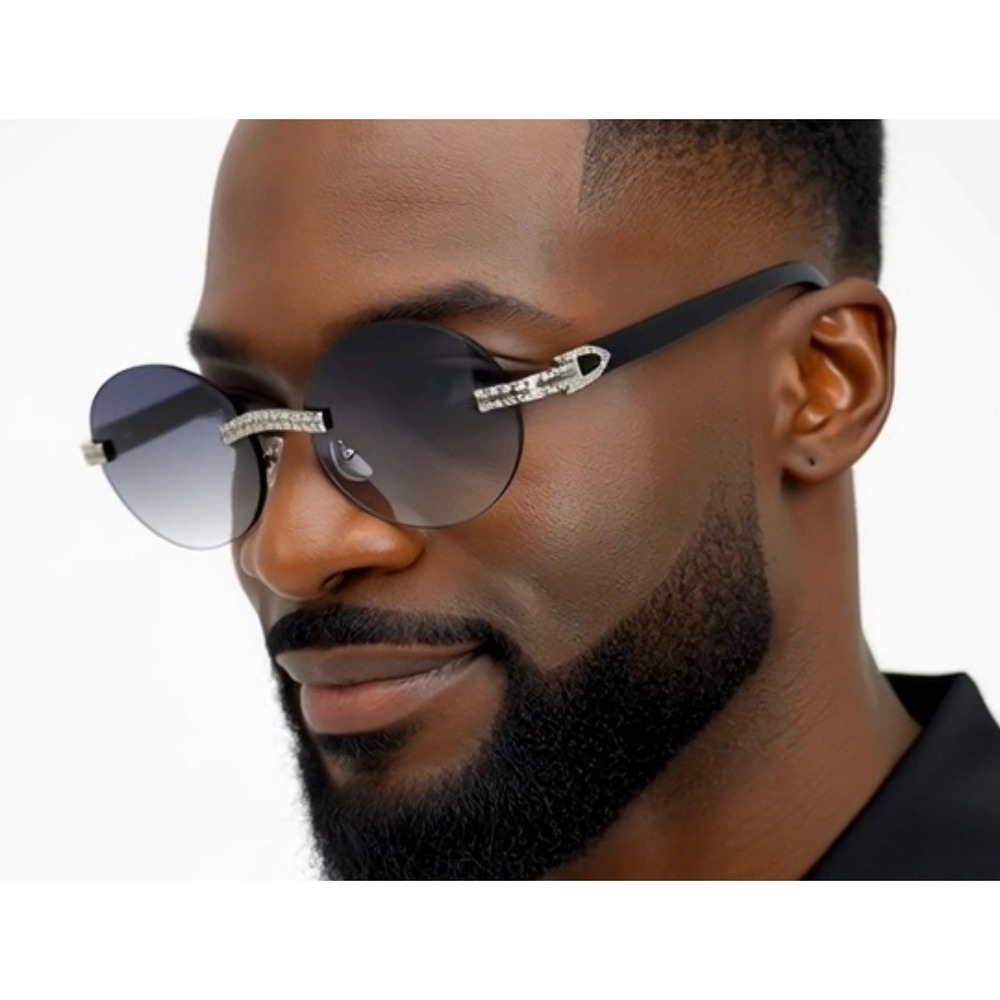 Mens Rimless Round Sunglasses Grey Gradient Lens Silver‎ Crystal Bling Black New
